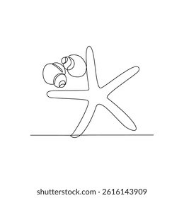 One continuous line drawing of starfish at the beach vector design illustration. Summer holiday themes design in simple linear continuous style vector concept. Suitable for education design purpose