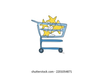 One Continuous Line Drawing Of Stars Toys Inside Shopping Trolley. Sale Market Concept. Dynamic Single Line Draw Design Vector Graphic Illustration