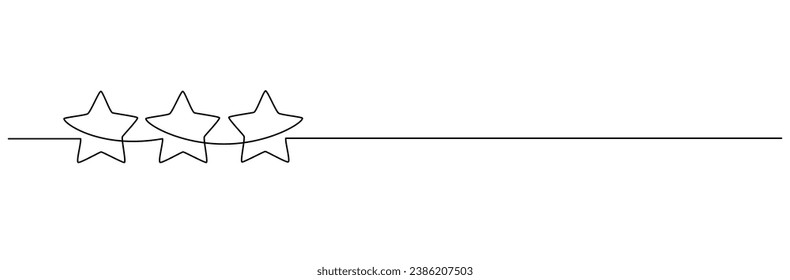 One continuous line drawing of stars. Rating service and high quality review and feedback from customer in simple linear style. Christmas divider in editable stroke. Doodle vector illustration