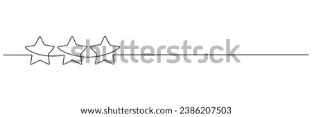 One continuous line drawing of stars. Rating service and high quality review and feedback from customer in simple linear style. Christmas divider in editable stroke. Doodle vector illustration