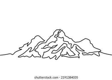 One Continuous Line Drawing Of Steep Rocky Mountain. Vector Illustration Of Rugged Rocky Mountain Hard To Reach For Icon, Symbol, Logo, Emblem. Simple Line Linear Vector For Adventure And Camping.