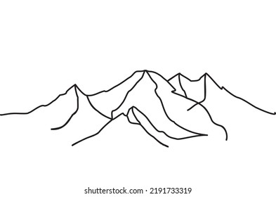 Eine durchgehende Zeichnung steiler Felsgebirge. Vektorgrafik von Berggipfeln, die als Natursymbol, Abenteuerlogo, Camper-Ikone geteilt werden. Einfache Linie von Bildern aus Bergtapeten zum Drucken.