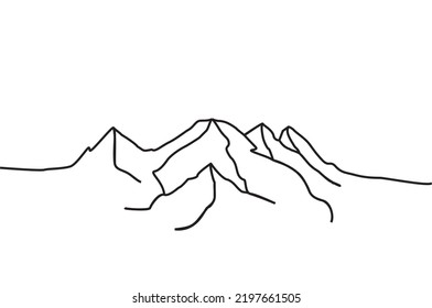 One continuous line drawing of steep rock mountains. Vector illustration of mountain peaks sharing as nature symbol, adventure logo, camper icon. Simple line of mountain wallpaper images for printing.