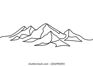 One continuous line drawing of steep rock mountains. Vector illustration of mountain peaks sharing as camper icon, nature symbol, adventure logo. Single line of mountain wallpaper images for printing.