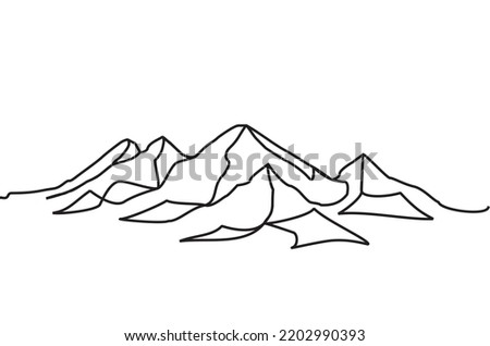 One continuous line drawing of steep rock mountains. Vector illustration of mountain peaks sharing as camper icon, nature symbol, adventure logo. Single line of mountain wallpaper images for printing.