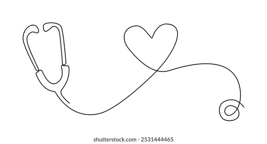 Un dibujo de línea continua de un estetoscopio que forma un corazón. Un dibujo de línea de un estetoscopio médico en forma de corazón. Ilustración vectorial de línea única. Fondo blanco aislado