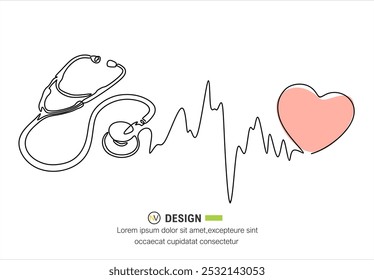 one continuous line drawing of a stethoscope forming a heart.one line drawing of a medical stethoscope in the shape of a heart.single line vector