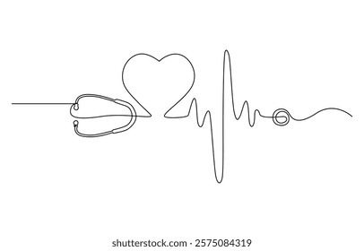 One continuous line drawing of a stethoscope forming a heart.one line drawing of a medical stethoscope, Stethoscope and heart shape single line art, continuous one line drawing of Isolated outline.