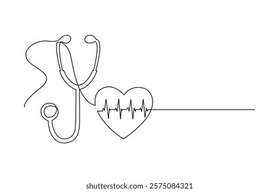 One continuous line drawing of a stethoscope forming a heart.one line drawing of a medical stethoscope, Stethoscope and heart shape single line art, continuous one line drawing of Isolated outline.