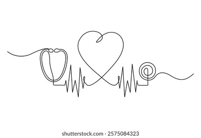 One continuous line drawing of a stethoscope forming a heart.one line drawing of a medical stethoscope, Stethoscope and heart shape single line art, continuous one line drawing of Isolated outline.