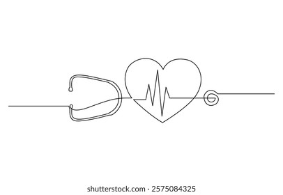 One continuous line drawing of a stethoscope forming a heart.one line drawing of a medical stethoscope, Stethoscope and heart shape single line art, continuous one line drawing of Isolated outline.