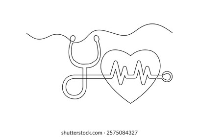 One continuous line drawing of a stethoscope forming a heart.one line drawing of a medical stethoscope, Stethoscope and heart shape single line art, continuous one line drawing of Isolated outline.