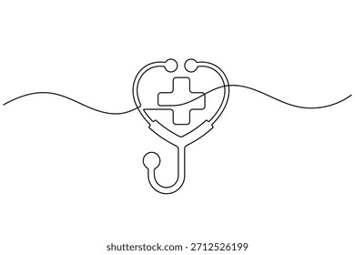 One continuous line drawing of stethoscope and medical cross in heart shape. healthcare concept.
