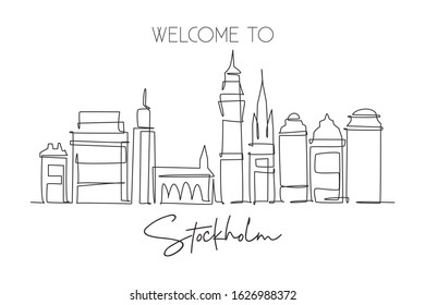 One continuous line drawing of Stockholm city skyline, Sweden. Beautiful landmark. World landscape tourism travel home wall decor art poster print. Stylish single line draw design vector illustration