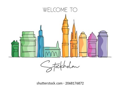 One continuous line drawing of Stockholm city skyline, Sweden. Beautiful landmark. World landscape tourism travel home wall decor art poster print. Stylish single line draw design vector illustration