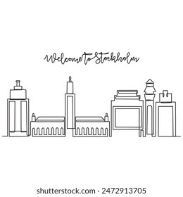 One continuous line drawing of Stockholm skyline vector illustration. Modern city in Europe in simple linear style vector design concept. One big city in Sweden. Iconic architectural building design.