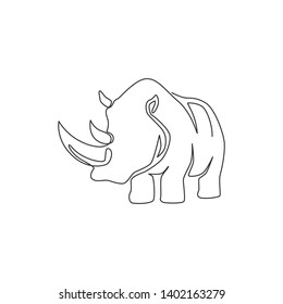 One continuous line drawing of strong white rhinoceros for company logo identity. African rhino animal mascot concept for national zoo safari. Single line draw vector graphic design illustration