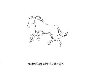 One continuous line drawing of strong cute horse. Wild animal national park conservation. Safari zoo concept. Dynamic single line draw graphic design vector illustration