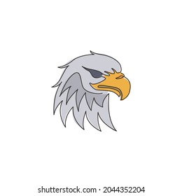 One continuous line drawing of strong eagle head for delivery service logo identity. Hawk mascot concept for bird conservative park icon. Trendy single line draw design vector graphic illustration