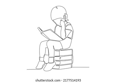 One continuous line drawing of student little girl reading the book and sit on the pile of book. Back to school concept. Single line draw design vector graphic illustration.