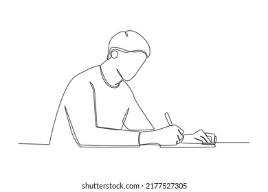 One continuous line drawing of student at class writing article on table. Back to school concept. Single line draw design vector graphic illustration.