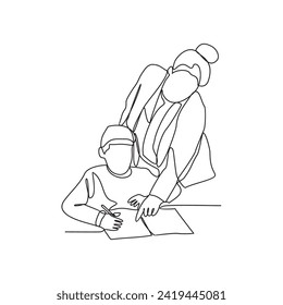 One continuous line drawing of a student is studying with a teacher who teaches mathematics vector illustration. Student activity with the teacher illustration in simple linear style vector concept.