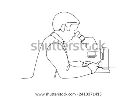 One continuous line drawing of student use microscope at practicum. Simple practice minimalist concept, editable stroke.