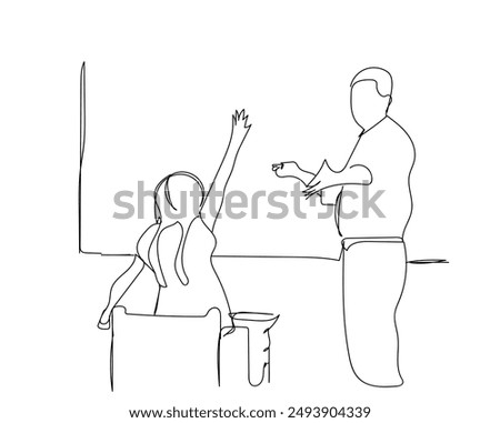 One continuous line drawing of a student is studying with a teacher who teaches mathematics vector illustration. Student activity with the teacher illustration in simple linear style vector concept.