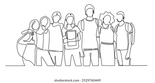 one continuous line drawing of students studying from different races and skin types.one line drawing of diversity of students standing and taking a photo together.single line vector illustration.