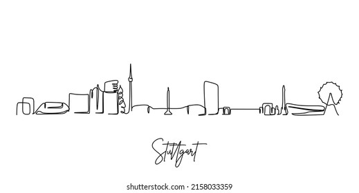 Una línea continua dibujando la ciudad de Stuttgart en el horizonte de Alemania. Hermoso rascacielos. El concepto de póster de decoración de paredes de vacaciones del turismo paisajístico mundial. Ilustración vectorial de diseño de trazos de línea simple con estilo