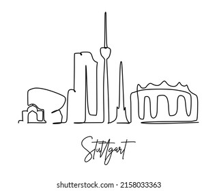 One continuous line drawing Stuttgart city skyline Germany. Beautiful skyscraper. World landscape tourism travel vacation wall decor poster concept. Stylish single line draw design vector illustration