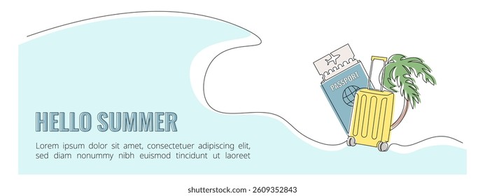 One continuous line drawing of a suitcase, passport, palm and wave. Summer time, a travel concept banner. Editable stroke, simple doodle design, vector illustration