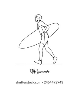 One continuous line drawing of It's summer holiday vector illustration. All about summer activity, things, transport, beach, food and games design in simple linear continuous style vector concept. 