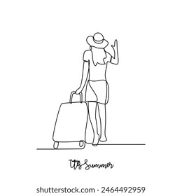 One continuous line drawing of It's summer holiday vector illustration. All about summer activity, things, transport, beach, food and games design in simple linear continuous style vector concept. 