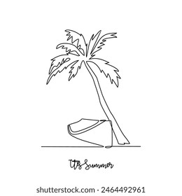One continuous line drawing of It's summer holiday vector illustration. All about summer activity, things, transport, beach, food and games design in simple linear continuous style vector concept. 