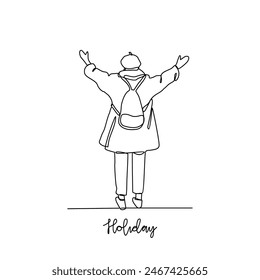 One continuous line drawing of It's summer holiday vector illustration. All about summer activity, things, transport, beach, food and games design in simple linear continuous style vector concept. 