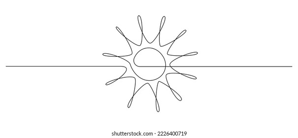 One continuous line drawing of sun and sunrise. Hot temperature and summer symbol in simple linear style. Solar green energy concept in editable stroke. Doodle vector illustration