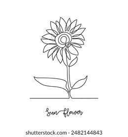 One continuous line drawing of Sun flower vector illustration. Type of Flowers themes design concept with simple linear style vector. Beautiful useful flowers design for wedding or romantic party.