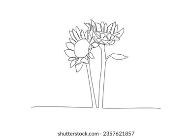 One continuous line drawing of Sunflower and floral frame concept. Doodle vector illustration in simple linear style. 