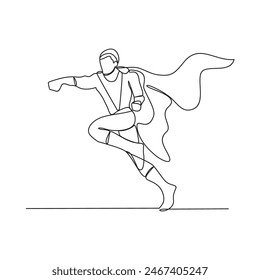 One continuous line drawing of a Superhero action vector design illustration. Fictional character possessing with extraordinary talents and power, in simple continuous style vector design concept.