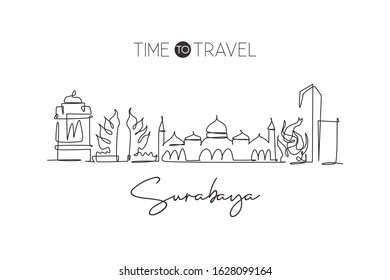 One continuous line drawing of Surabaya city skyline, Indonesia. Beautiful city landmark. World landscape tourism travel vacation. Editable stylish single line draw design graphic vector illustration