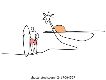 One continuous line drawing of surfer with surfboard standing up in sand of sunset beach. Vector illustration