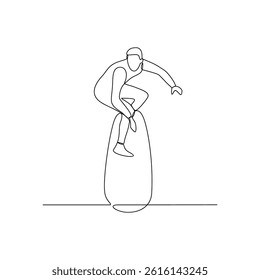 One continuous line drawing of Surfer at the beach vector design illustration. Summer holiday themes design in simple linear continuous style vector concept. Suitable for education design purpose