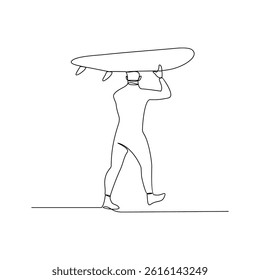 One continuous line drawing of Surfer at the beach vector design illustration. Summer holiday themes design in simple linear continuous style vector concept. Suitable for education design purpose