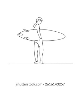 One continuous line drawing of Surfer at the beach vector design illustration. Summer holiday themes design in simple linear continuous style vector concept. Suitable for education design purpose