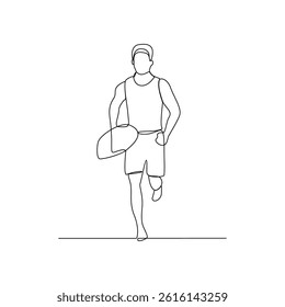 One continuous line drawing of Surfer at the beach vector design illustration. Summer holiday themes design in simple linear continuous style vector concept. Suitable for education design purpose