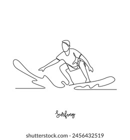 One continuous line drawing of Surfing sports vector illustration. Surfing sports design in simple linear continuous style vector concept. Sports themes design for your asset design illustration.