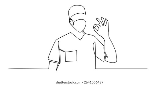 one continuous line drawing of a surgeon giving OK sign hand gesture.single line vector illustration for hospital,health,clinic and other signs