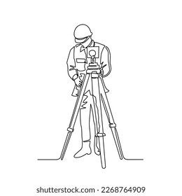 One continuous line drawing of a surveyor in the construction project. Surveyor design with simple linear style. Construction project design concept Vector illustration