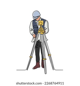 One continuous line drawing of a surveyor in the construction project. Surveyor design with simple linear style. Construction project design concept Vector illustration